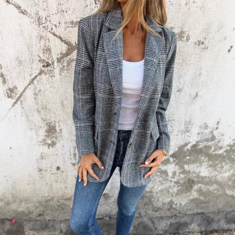 🔥Höstkostym Med Kavajkrage Och Smala Knappar, Liten Rutig För Kvinnor - ohneen