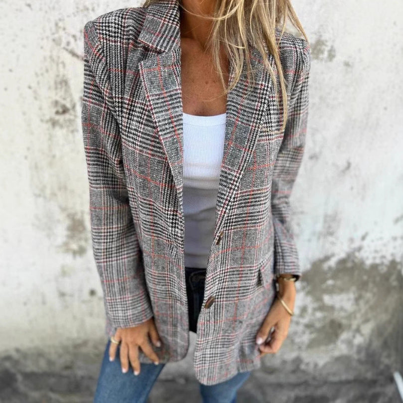 🔥Höstkostym Med Kavajkrage Och Smala Knappar, Liten Rutig För Kvinnor - ohneen