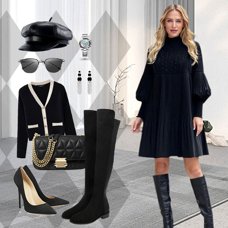 2025 Ny design✨Damklänning med ståkrage och lanternärm i plusstorlek🌈👗 - ohneen