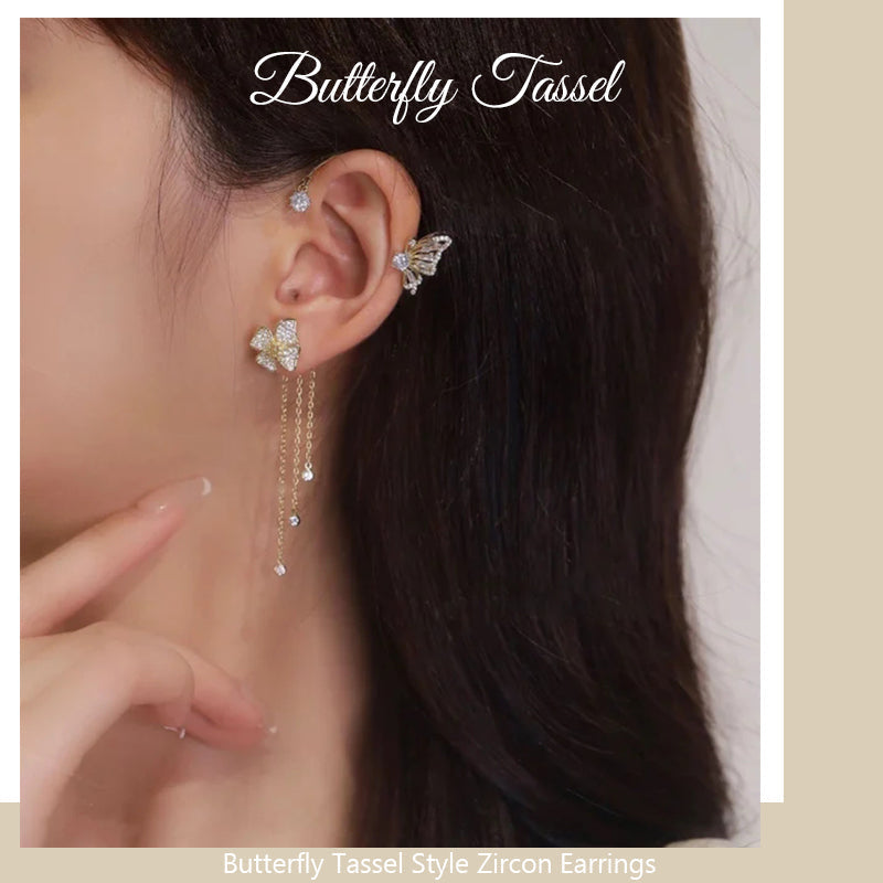 💐Butterfly Tassel Earrings for Women – Hypoallergenic Zircon Dangle Earrings, Gold & Silver🎁