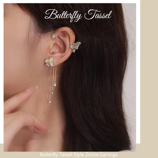 💐Butterfly Tassel Earrings for Women – Hypoallergenic Zircon Dangle Earrings, Gold & Silver🎁