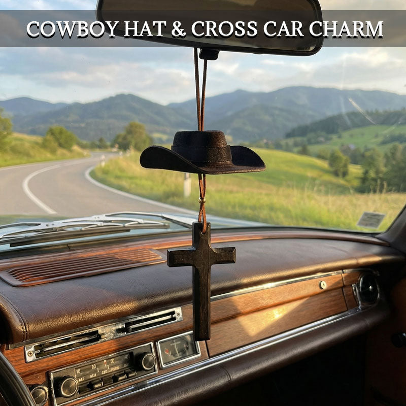 Limited Time Road Trip Special🤠Cowboy Hat and Cross Car Charm - Hanging Mirror Ornament for Truck & Car