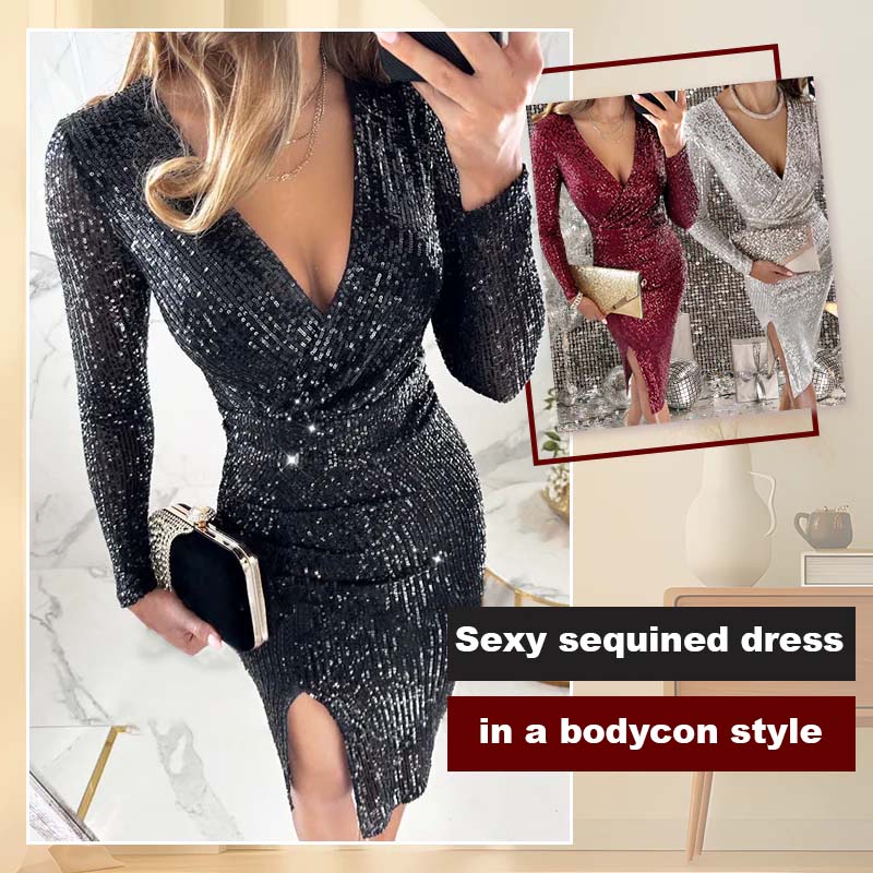 🎅 Christmas Sale 49% Off 🎄Sequin Wrap Dress for Women | Deep V-Neck Long Sleeve Evening Gown