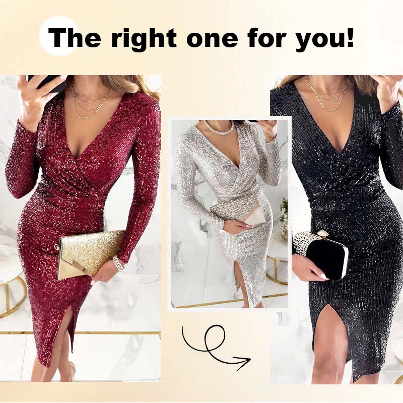🎅 Christmas Sale 49% Off 🎄Sequin Wrap Dress for Women | Deep V-Neck Long Sleeve Evening Gown