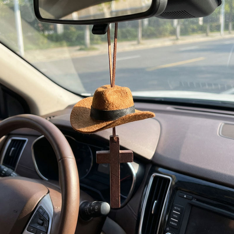 Limited Time Road Trip Special🤠Cowboy Hat and Cross Car Charm - Hanging Mirror Ornament for Truck & Car