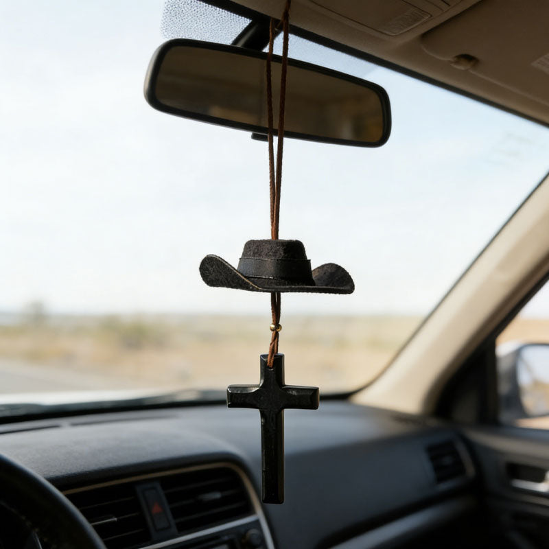 Limited Time Road Trip Special🤠Cowboy Hat and Cross Car Charm - Hanging Mirror Ornament for Truck & Car