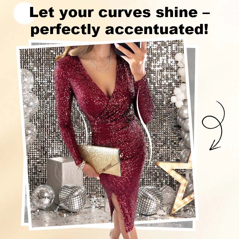 🎅 Christmas Sale 49% Off 🎄Sequin Wrap Dress for Women | Deep V-Neck Long Sleeve Evening Gown