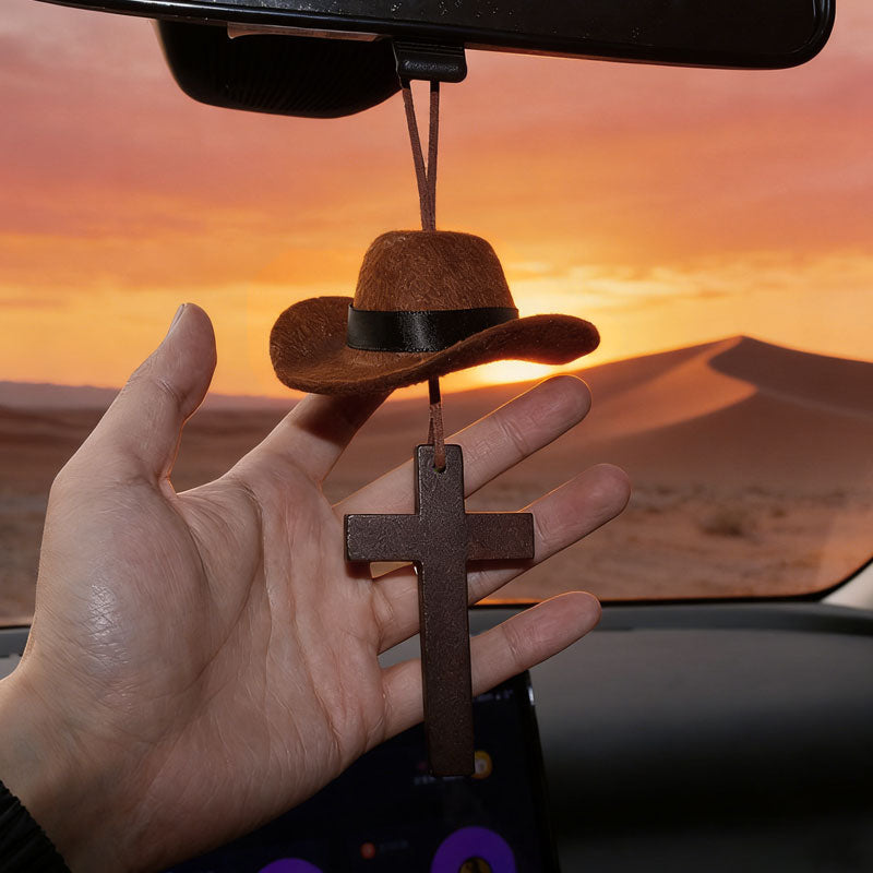 Limited Time Road Trip Special🤠Cowboy Hat and Cross Car Charm - Hanging Mirror Ornament for Truck & Car