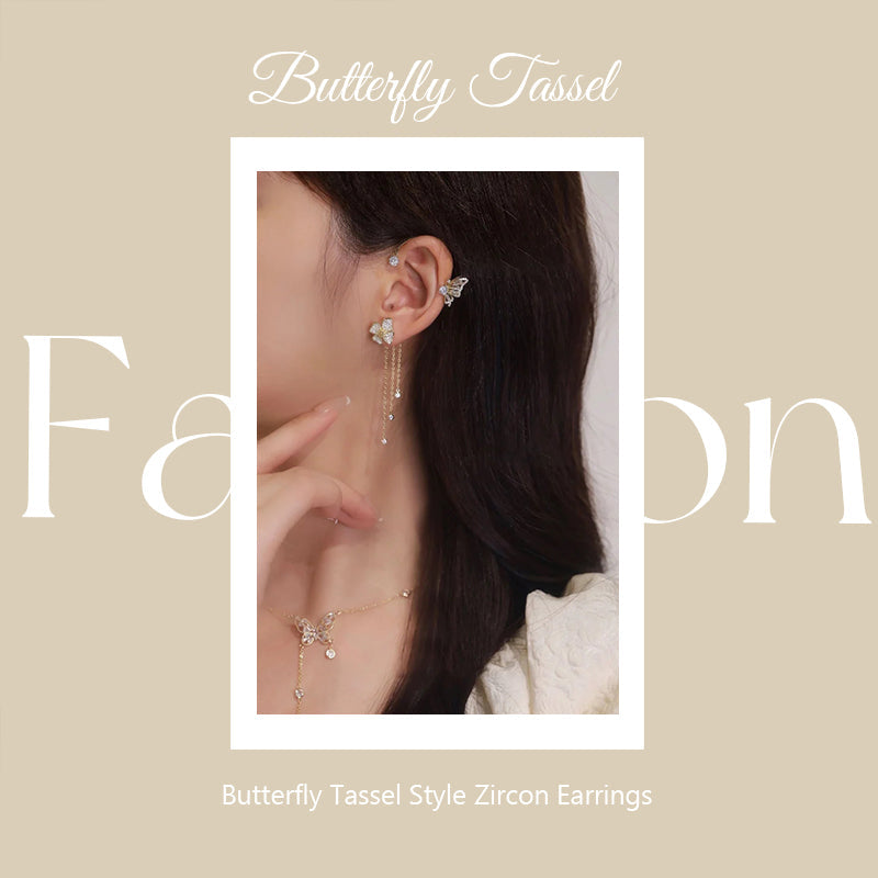 💐Butterfly Tassel Earrings for Women – Hypoallergenic Zircon Dangle Earrings, Gold & Silver🎁