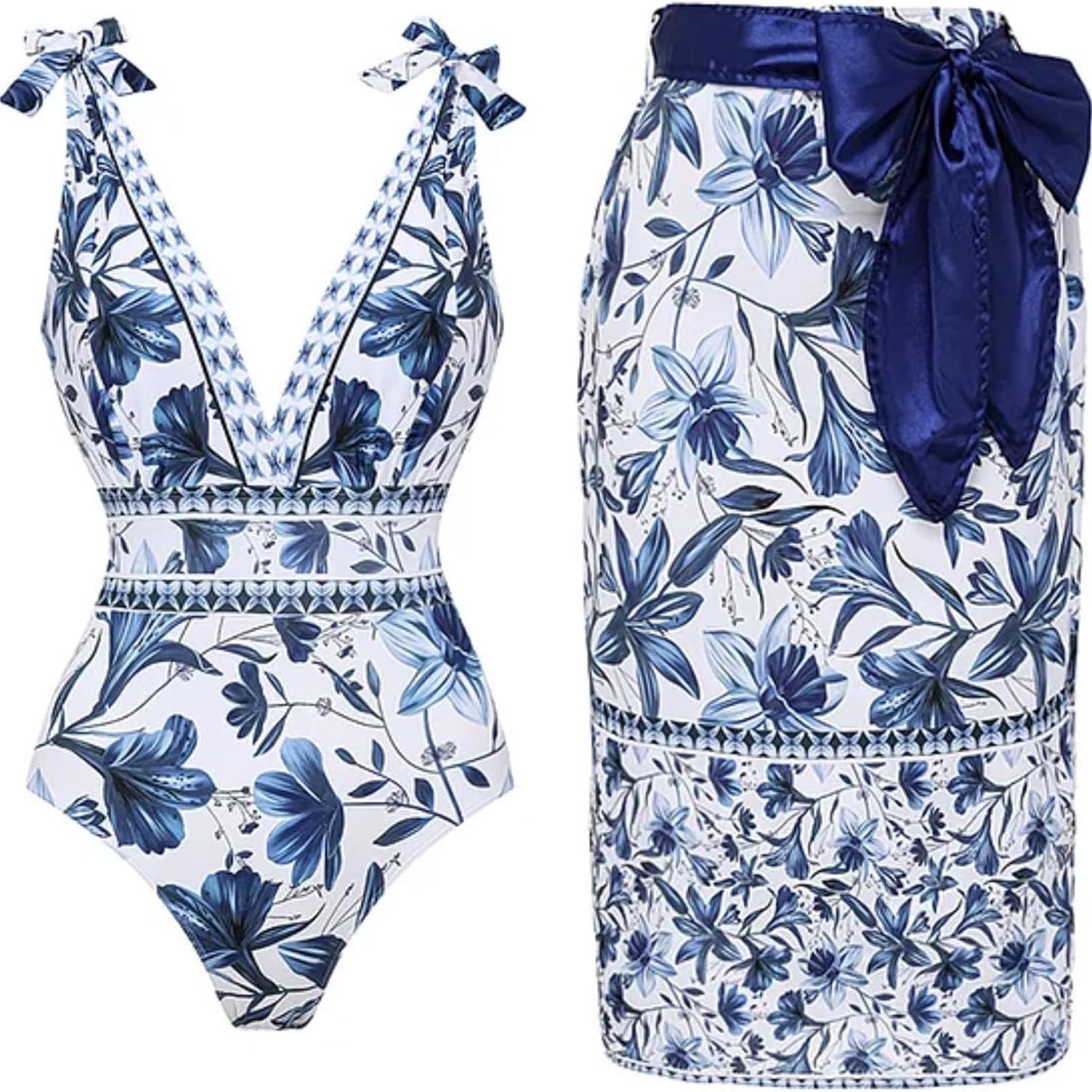 Damen Badeanzug mit verstellbaren Schulterträgern und Pflanzenmuster – Einteiler mit Rock/Sarong (GRATISVERSAND)