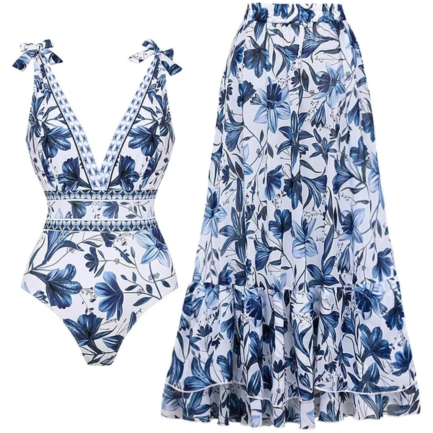 Damen Badeanzug mit verstellbaren Schulterträgern und Pflanzenmuster – Einteiler mit Rock/Sarong (GRATISVERSAND)