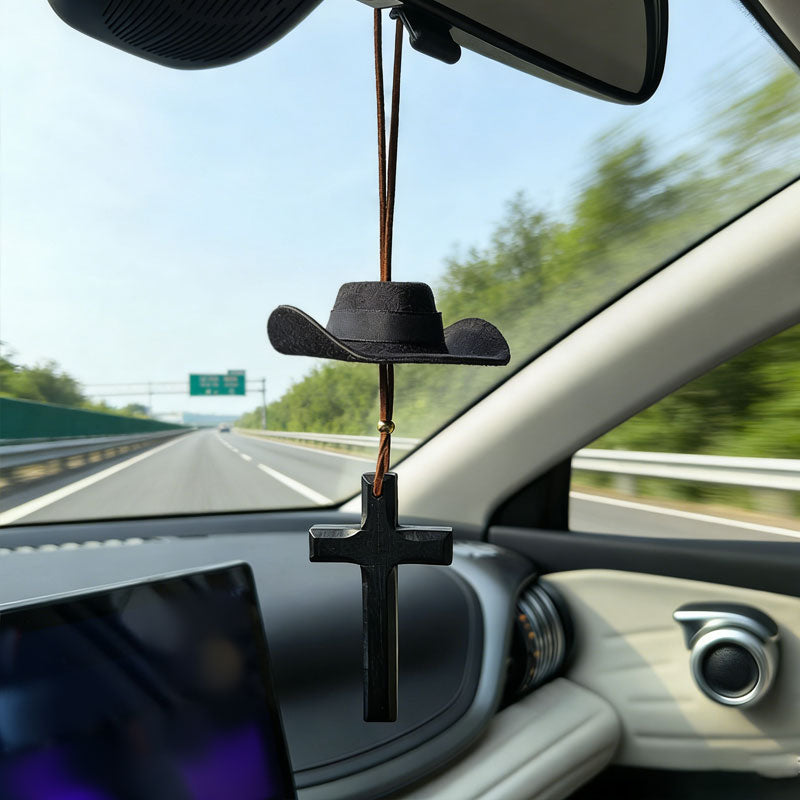 Limited Time Road Trip Special🤠Cowboy Hat and Cross Car Charm - Hanging Mirror Ornament for Truck & Car
