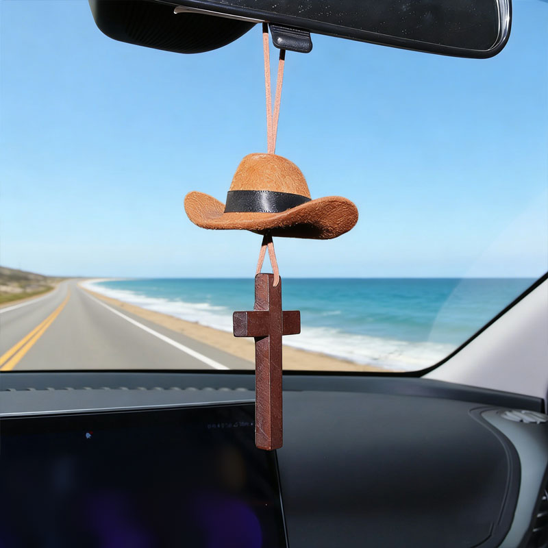 Limited Time Road Trip Special🤠Cowboy Hat and Cross Car Charm - Hanging Mirror Ornament for Truck & Car