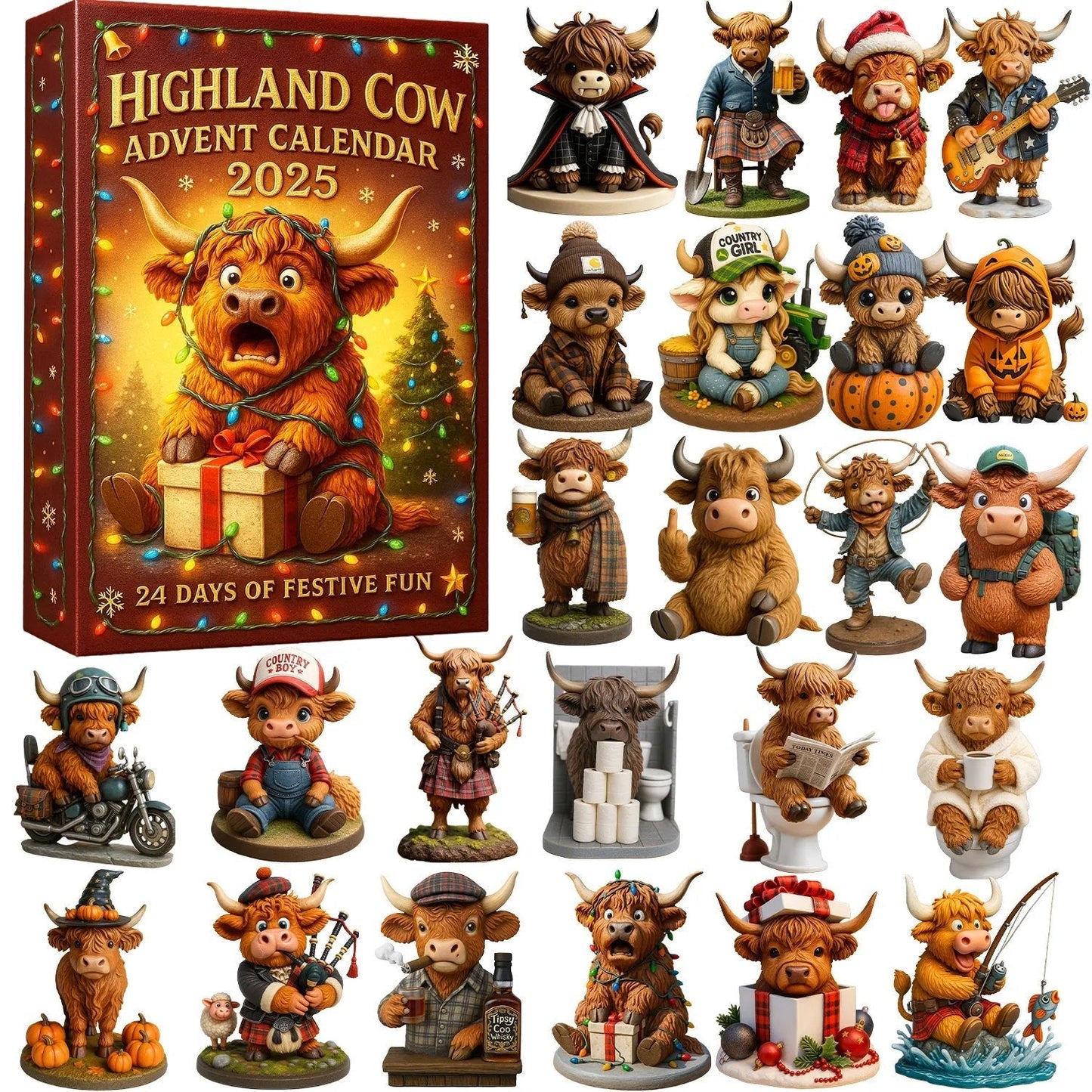 🐮Highland Cow Adventskalender 2025🎄✨ - 3D Handgjord Highland Cow Doll (24 st) - ohneen