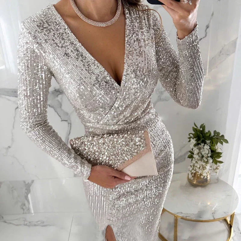 🎅 Christmas Sale 49% Off 🎄Sequin Wrap Dress for Women | Deep V-Neck Long Sleeve Evening Gown