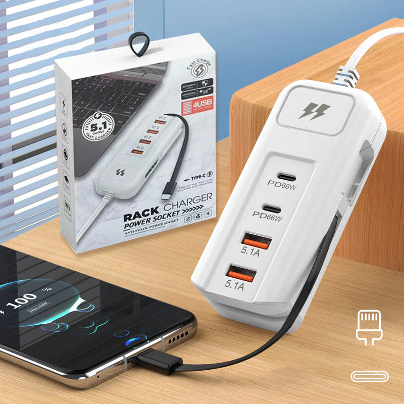 ⚡ 50% OFF – Multi-Function Fast Charger 2PD + 2USB! 🔌📱 66W, Built-in Type-C Cable, Safely Charges 4 Devices Simultaneously