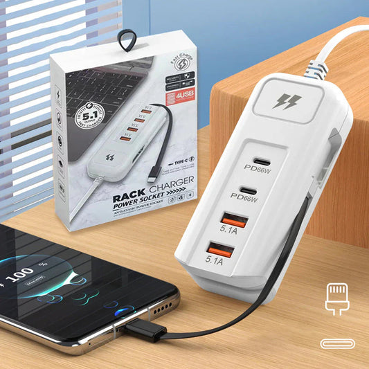 ⚡ 50% OFF – Multi-Function Fast Charger 2PD + 2USB! 🔌📱 66W, Built-in Type-C Cable, Safely Charges 4 Devices Simultaneously