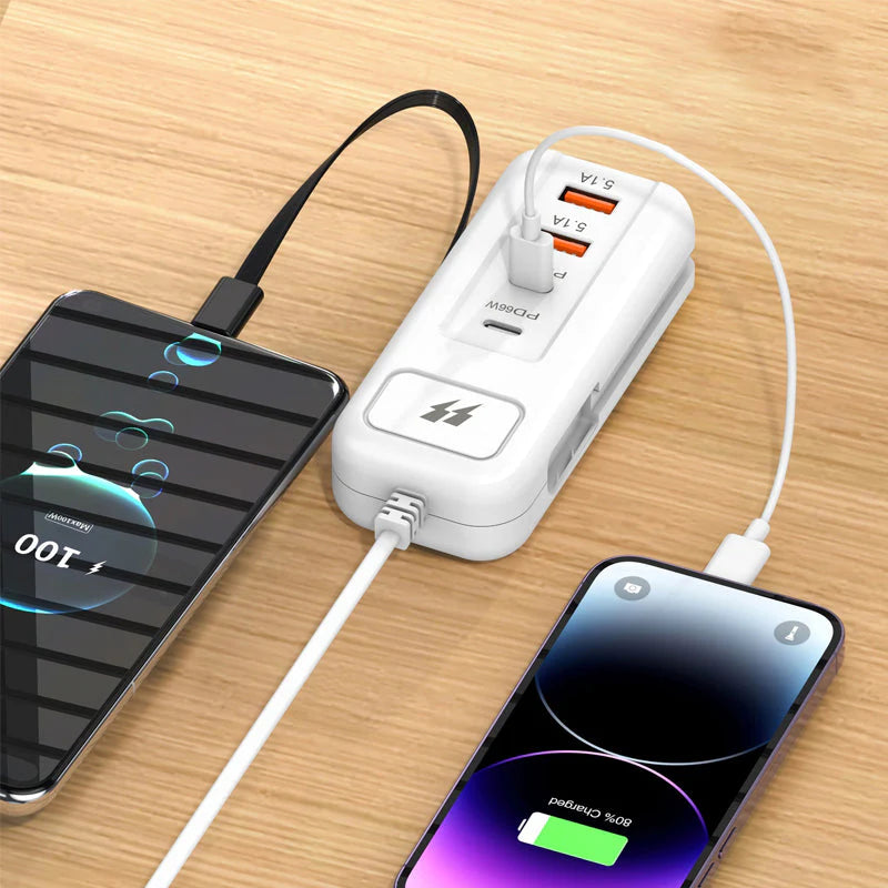 ⚡ 50% OFF – Multi-Function Fast Charger 2PD + 2USB! 🔌📱 66W, Built-in Type-C Cable, Safely Charges 4 Devices Simultaneously