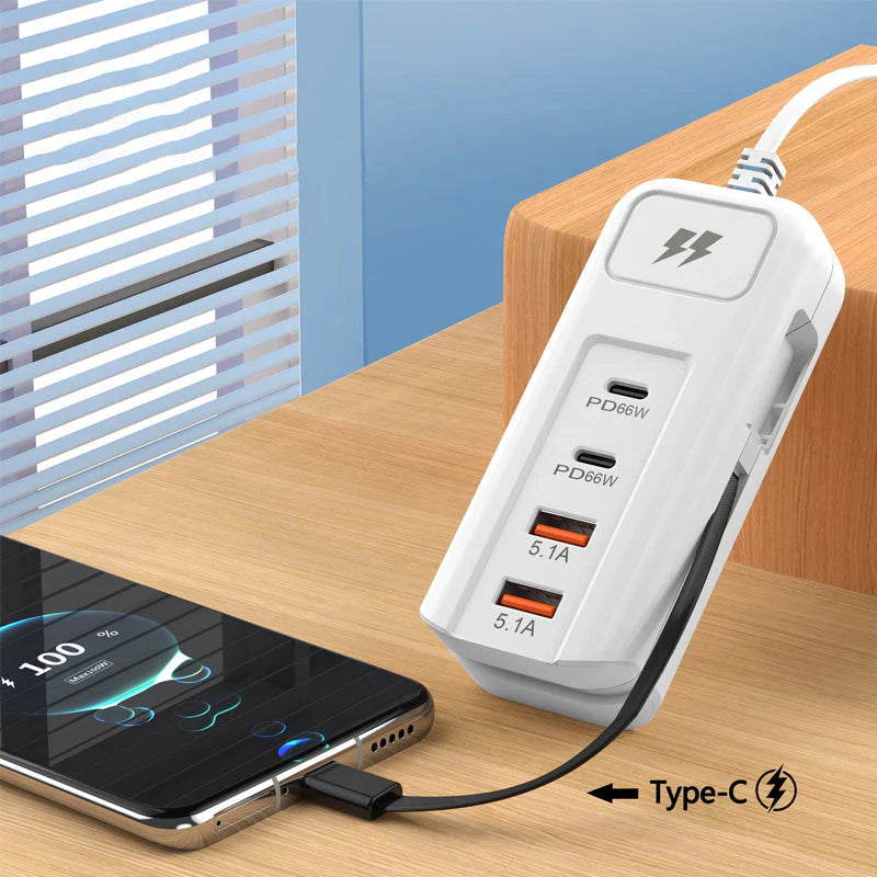 ⚡ 50% OFF – Multi-Function Fast Charger 2PD + 2USB! 🔌📱 66W, Built-in Type-C Cable, Safely Charges 4 Devices Simultaneously