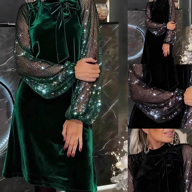 ⏳ Limited-Time Special⏰Women‘s Sequin Sleeve Bow Neck Dress – A-Line Party & Evening Gown✨👗